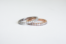 Load image into Gallery viewer, Two Classic 14k Diamond Band in white gold and yellow gold stacked on each other on a white background.