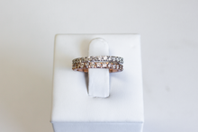 Load image into Gallery viewer, Two Classic 14k Diamond Band in white gold and yellow gold stacked atop one another on a white background.