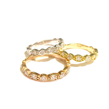 Load image into Gallery viewer, Three Diamond Deco Stackable Ring in 14k rose, yellow and white Gold loosely stacked on a white background.