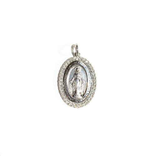 Diamond Mini Mary Medallion in 14k white gold laid flat on a white background.