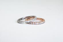 Load image into Gallery viewer, Two Classic 14k Diamond Band in white gold and yellow gold stacked on each other on a white background.

