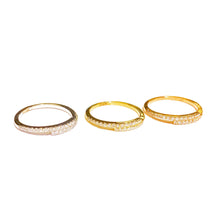 Load image into Gallery viewer, Three Diamond Offset Stackable Rings in 14k white, yellow, rose Gold laid flat on a white background.
