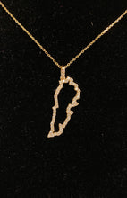 Load image into Gallery viewer, Diamond Outline of State/Country Necklace in 14k Yellow Gold laid flat on a black background.
