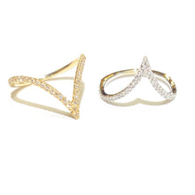 Load image into Gallery viewer, Two Diamond V Rings in 14k Yellow and White Gold on a white background.
