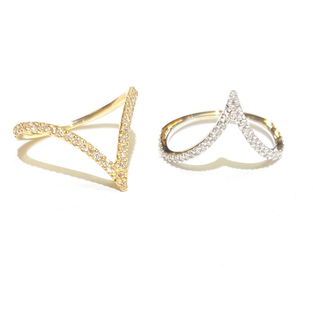 Two Diamond V Rings in 14k Yellow and White Gold on a white background.