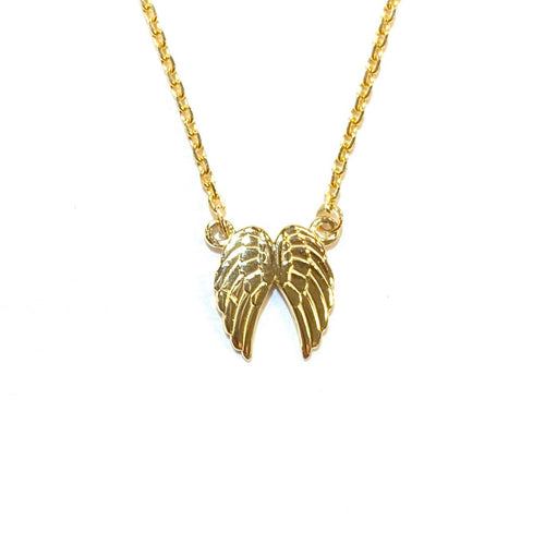 Close up of Double Angel Necklace in 14K yellow Gold on a white background.