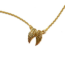 Load image into Gallery viewer, Close up of Double Angel Necklace in 14K yellow Gold on a white background.
