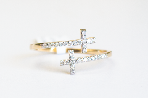 Close up of Double Cross Ring in 14k Yellow Gold on a white background.