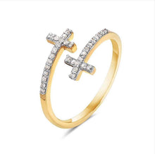 Load image into Gallery viewer, Top view of Double Cross Ring in 14k Yellow Gold standing upright on a white background.
