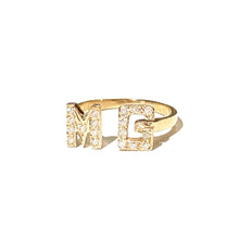 Load image into Gallery viewer, Straight on view of Double Initial Diamond Ring in 14k Gold with initials &#39;M&#39; and &#39;G&#39; laid flat on a white background.

