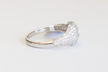 Load image into Gallery viewer, Side view of Pave 18k White Gold Diamond Signet Ring laid flat on a white background.
