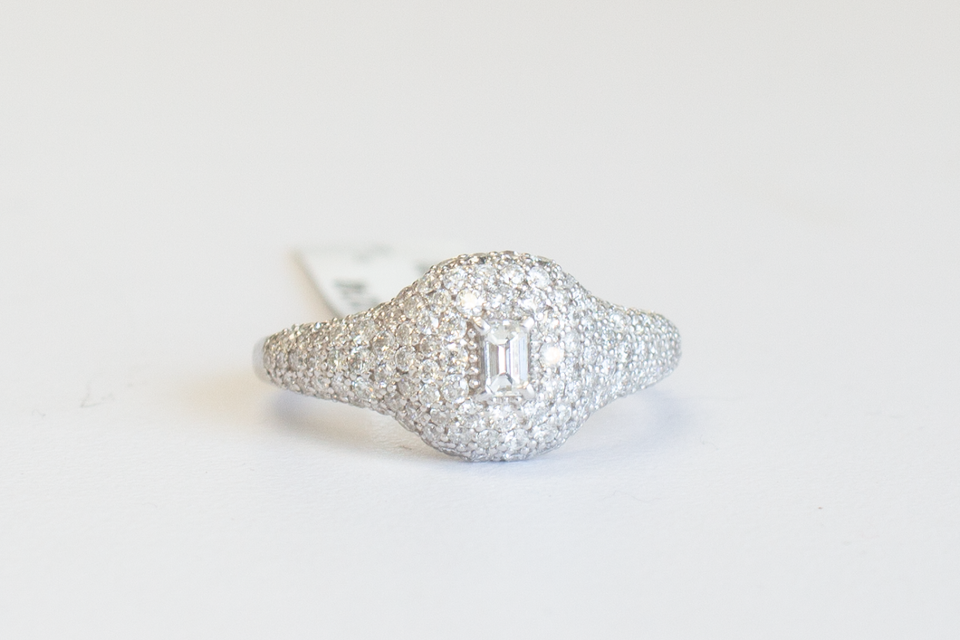 Pave 18k White Gold Diamond Signet Ring laid flat on a white background.
